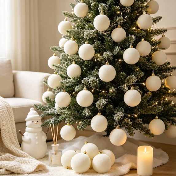 12 Pack Velvet Christmas Ball Ornaments Large Flocked Christmas Tree Hanging Ornaments Shatterproof Flocked Decorative Balls for Xmas Tree Decorations (Beige,2.36inch)