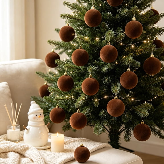 12 Pack Velvet Christmas Ball Ornaments Large Flocked Christmas Tree Hanging Ornaments Shatterproof Flocked Decorative Balls for Xmas Tree Decorations (Coffee,2.36inch)