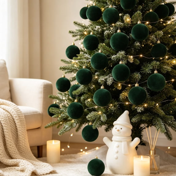 12 Pack Velvet Christmas Ball Ornaments Large Flocked Christmas Tree Hanging Ornaments Shatterproof Flocked Decorative Balls for Xmas Tree Decorations (Green,2.36inch)