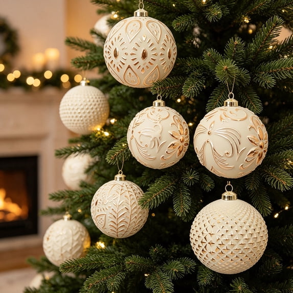 12 Pack Vintage Christmas Ornaments, 8Cm Embossed Gold Shatterproof Baubles, Antique Style Hanging Tree Decor Balls for Xmas Holiday Display, Beige