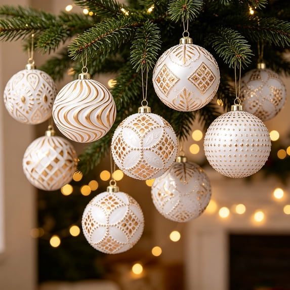 12 Pack Vintage Christmas Ornaments, 8Cm Embossed Gold Shatterproof Baubles, Antique Style Hanging Tree Decor Balls for Xmas Holiday Display, White