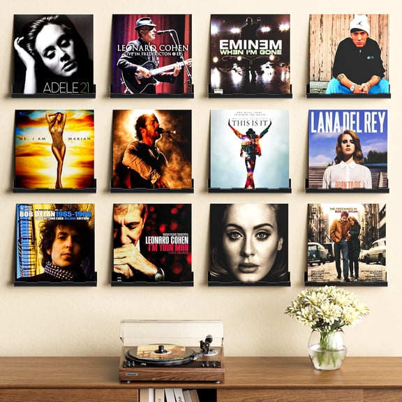 12 Pack Vinyl Record Holder, 12" Vinyl Wall Mount Shelf, Record Holder for Display and Storage, Floating Shelves for Wall, Living Room,Bedroom, Black