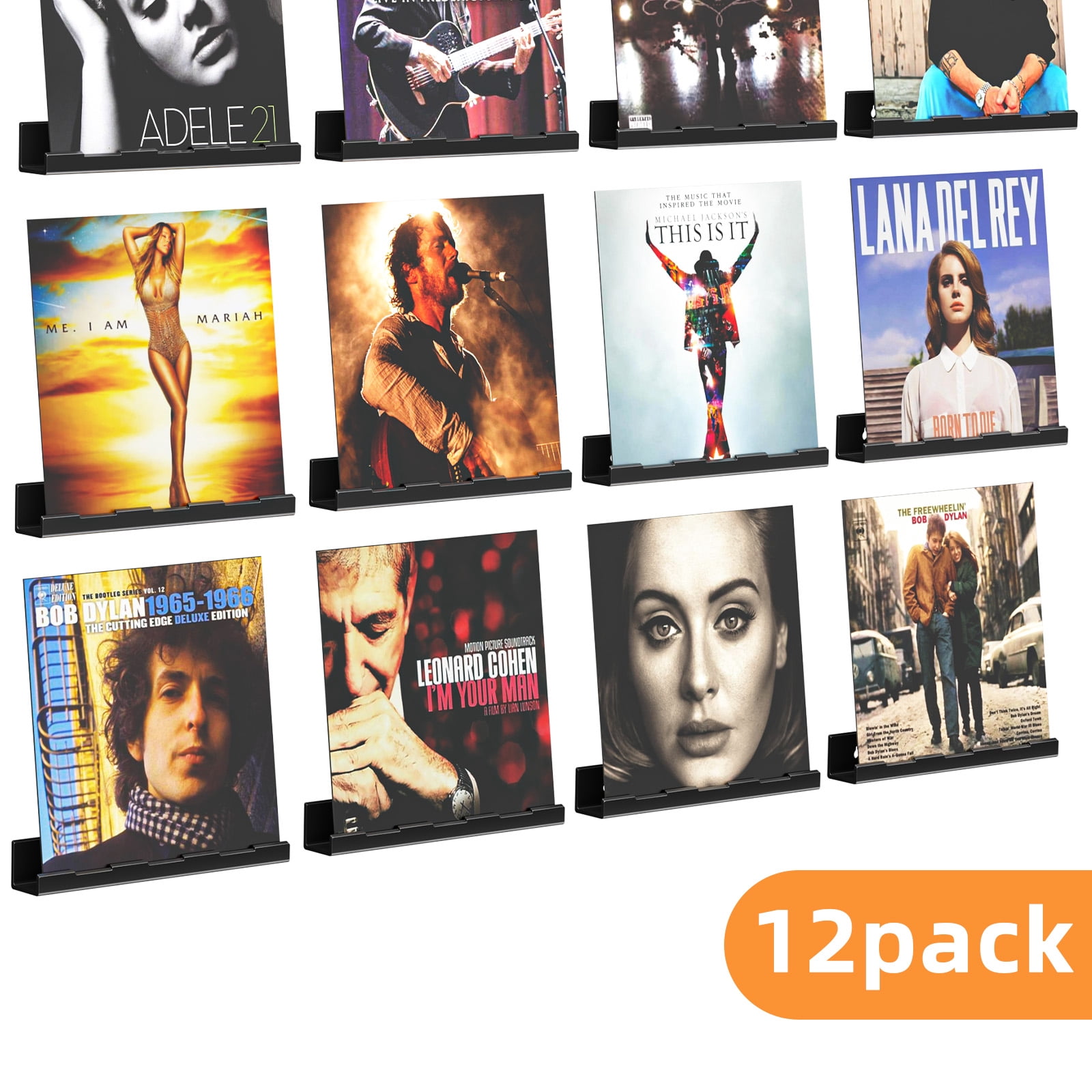 12 Pack Vinyl Record Holder, 12" Vinyl Wall Mount Shelf, Record Holder for Display and Storage, Floating Shelves for Wall, Living Room,Bedroom, Black