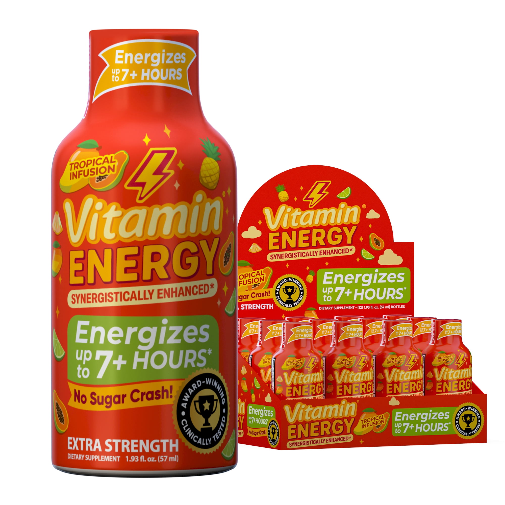Vitamin Energy Focus+ Extra Strength Shot, Tropical Infusion, 12 Pack – 260mg Natural Caffeine, CoQ10 & B-Vitamins, Zero Sugar, 1.93 fl oz