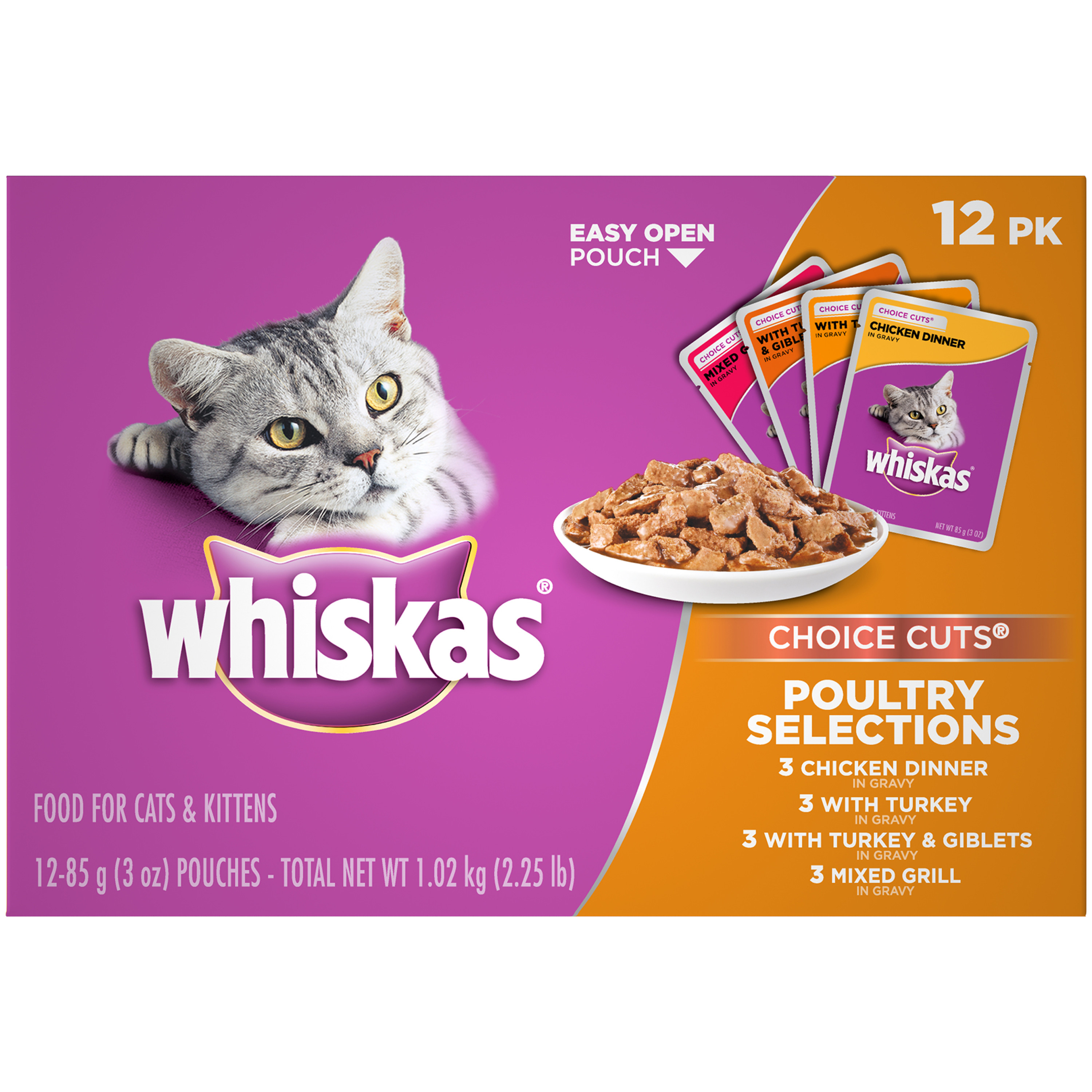 (12 Pack) WHISKAS CHOICE CUTS Poultry Selections Variety Pack Wet Cat Food, 3 oz. Pouches - image 1 of 2