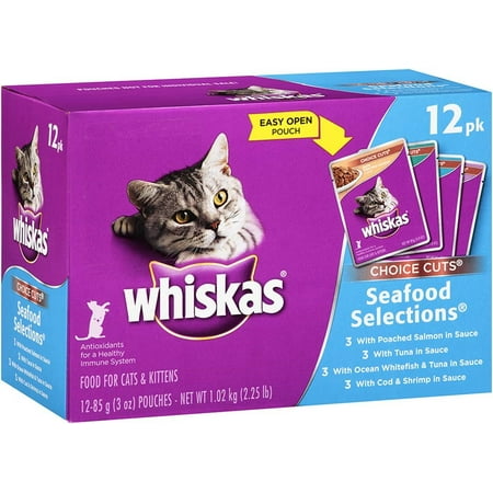 (12 Pack) WHISKAS CHOICE CUTS Seafood Selections Variety Pack Wet Cat Food, 3 oz. Pouches