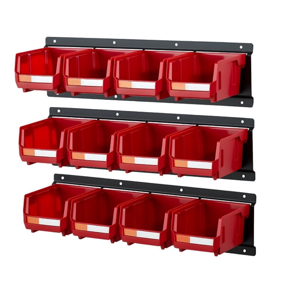 12-Pack Wall Mounted Storage Bins with 3 Rails, Red Plastic Hardware Tool Organizer for Garage, Screws