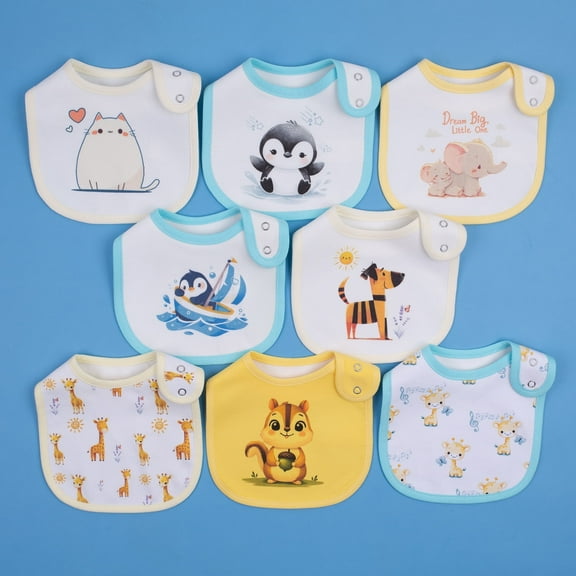 8-Pack Waterproof Baby Bibs for Boys & Girls | Absorbent Cotton with Adjustable Snaps for Feeding, Teething & Drooling
