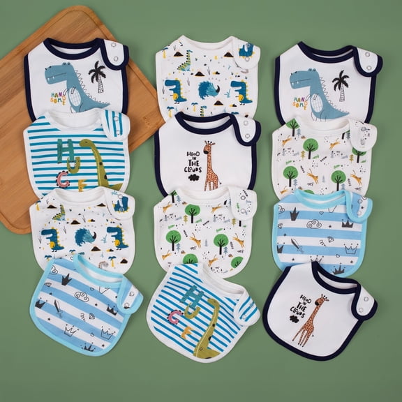 12-Pack Waterproof Baby Bibs for Boys & Girls | Absorbent Cotton with Adjustable Snaps for Feeding, Teething & Drooling
