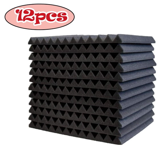 12‑Pack Wedge Acoustic Foam Panels, Self‑Adhesive High Density Sound Absorbing Noise Cancelling Wall Tiles for Studio Bedroom Gaming Room, Black