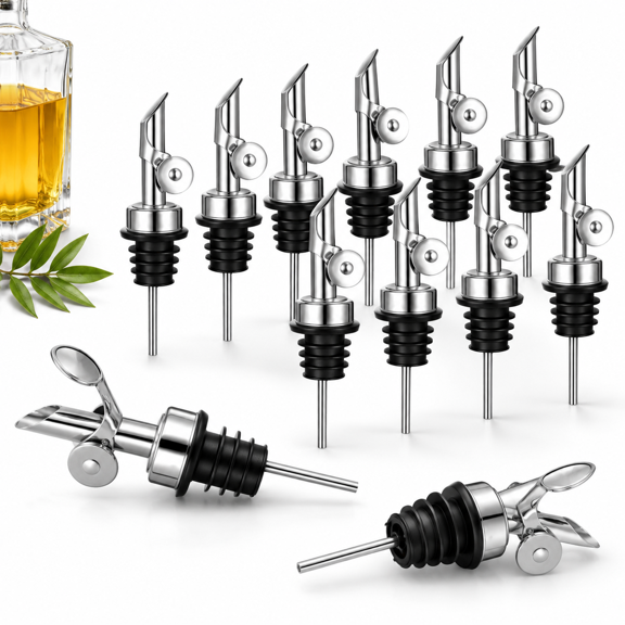 12 Pack Weighted Stainless Steel Auto Flip Bottle Pourers for Oil and Vinegar