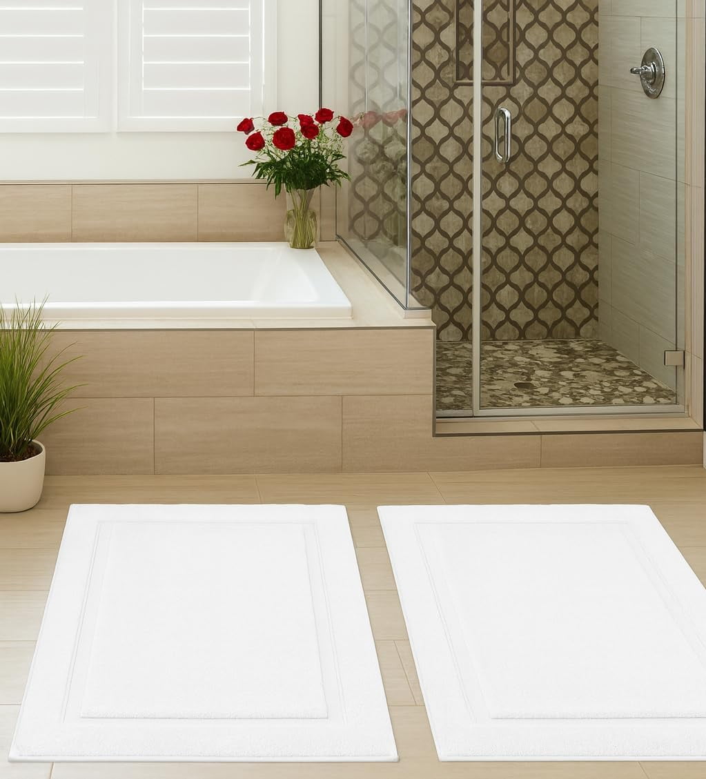 12 Pack White Bath Mat Towels 20x30 Inches (Not a Bathroom Rug)- Cotton Blend Washable Economy Hotel Bath Mats