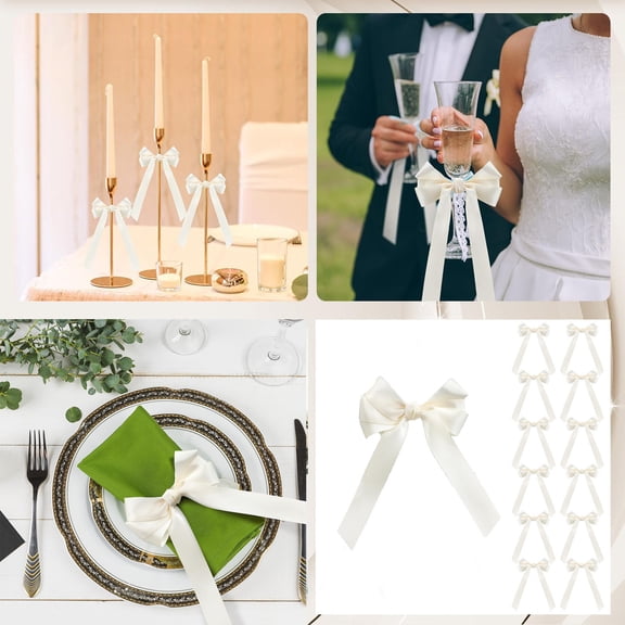 12-Pack White Butterfly Knot Ribbon Decorations for Holiday Party, Gift Packaging, Candle Holders, & Home Decor