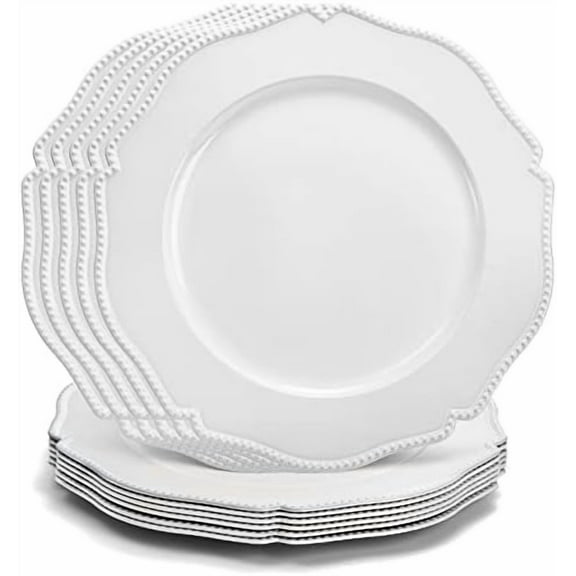 12 Pack White Charger Plates with Beaded Rim, 13 Inch Round Plastic Dinner Chargers, Scalloped Serving Plates for Table Settings Wedding Party Catering Event Decoration$$Home Decor, Kitchen, & Other