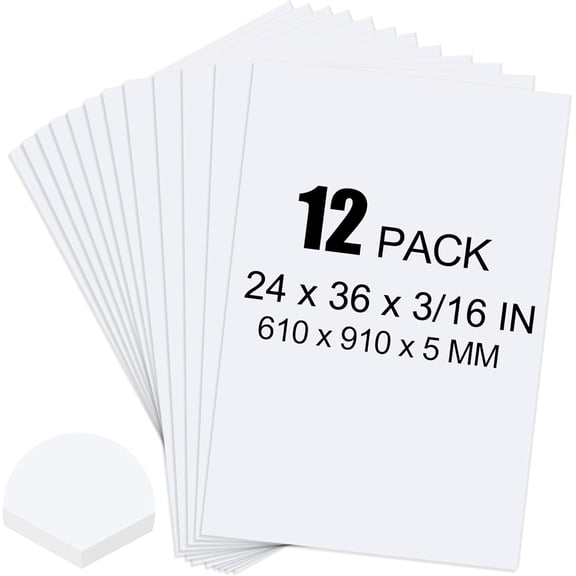 12 Pack White Foam Board, 24 x 36 3/16" Thick Core Acid Free Poster Foamboard for Art Craft Projects, Painting, Displaying, Signage, Wedding, School