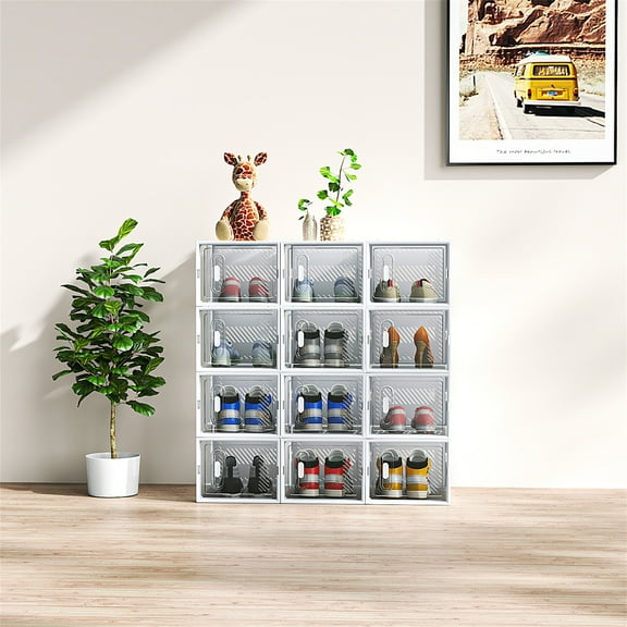 12-Pack White Mesh Shoe Storage Boxes - Stackable Modular Organizers (13.8"x9.8"x7.5"), Ventilated Design for Closets, Under-Bed & Dorms