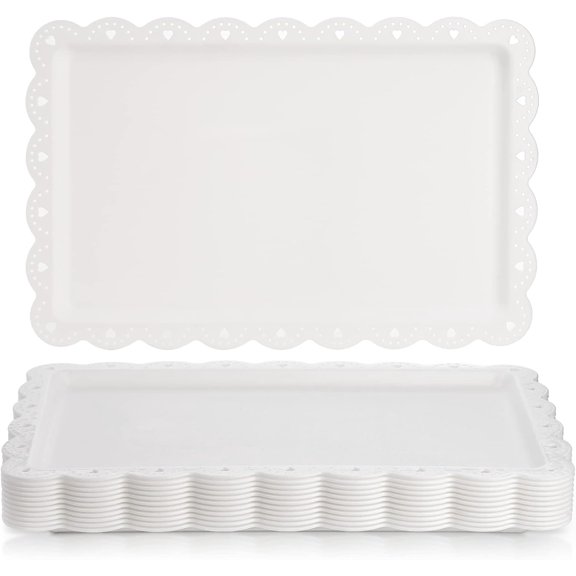 12 Pack White Plastic Serving Tray with Lace Rim, Rectangle Food Trays, Disposable Serving Platters and Trays for Party, Wedding, Restaurant, 14.4" x 9.3"