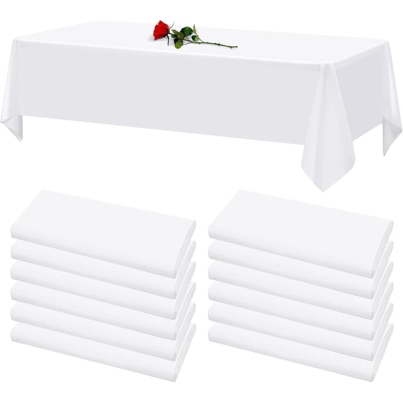 12 Pack White Polyester Rectangle Tablecloths 60 x 102 Inch Stain and Wrinkle Resistant