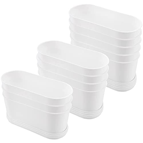 12 Pack White Rectangle Flower Plant Pot, 9 x 3.5 x 3.2 Inch Plastic Rectangle Planter with Tray and Drainage Holes$$Garden & Patio