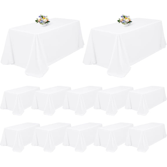 12-Pack White Rectangle Tablecloths 90x156 Inch, Polyester Fabric for 8 ft Tables, Wrinkle Resistant & Washable for Weddings & Banquets