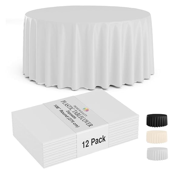 12-Pack White Round Plastic Tablecloth Disposable – Size: 108 Inches – Round Plastic Table Cloths for Parties, Picnics & Formal Events