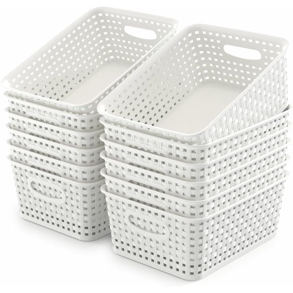 12-Pack White Woven Plastic Storage Basket Stackable Organizer (10.1L x 7.6W x 4.1H)
