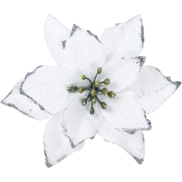 12 Pack White Xmas Glitter Poinsettia 5.1 inch Artificial Flowers Christmas Tree Decorations
