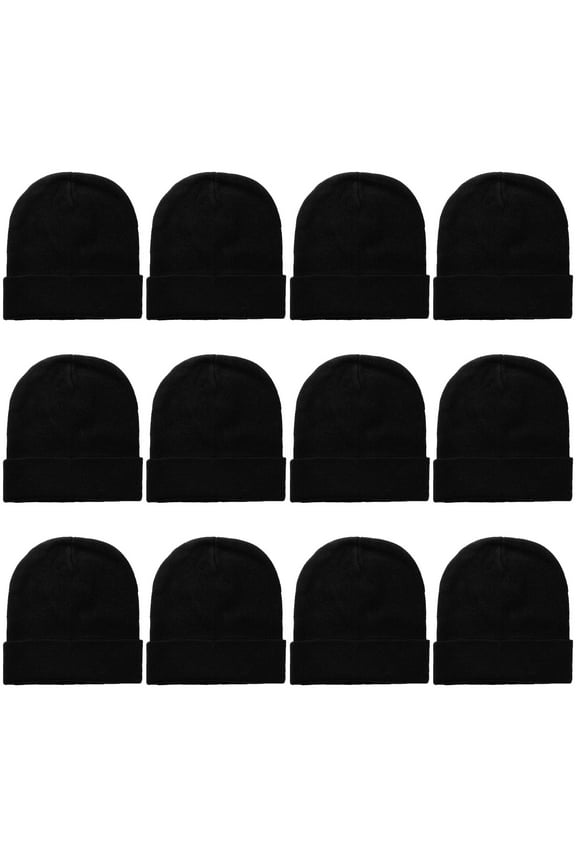 12 Pack Wholesale Winter Beanie Hat Unisex Bulk Skull Knitted Ski Cap For Cold Weather - Black