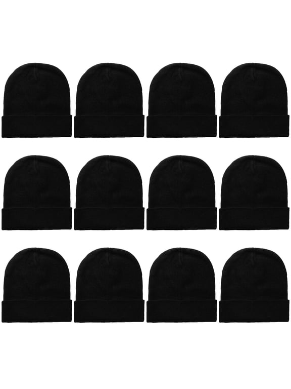 12 Pack Wholesale Winter Beanie Hat Unisex Bulk Skull Knitted Ski Cap For Cold Weather - Black