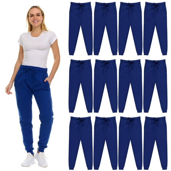 12 Pack Wholesale Women's Jogger Sweatpants Bulk Fleece-Lined Ribbed Cuff Donation Joggers Royal Blue Size-M