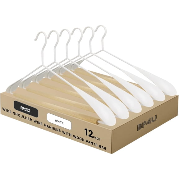12-Pack Wide Shoulder Wire Hangers with Wood Pants Bar, Metal Hangers with Wooden Bar for Suits, Pants, Jackets, Coats, Sweaters, Heavy Duty Hanger for Space Saving (White)