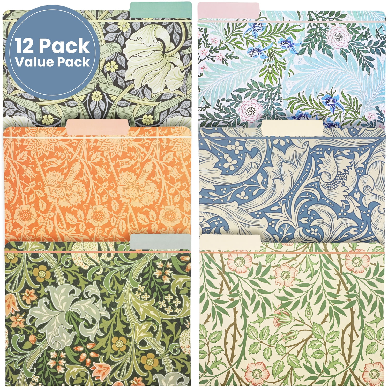 The Gifted Stationary 12 Pack File Folders with Floral Pattern designed by William Morris, Decorative 1/3 Cut Tab, Letter-Size Holders for Home Office in 6 Patterned Designs