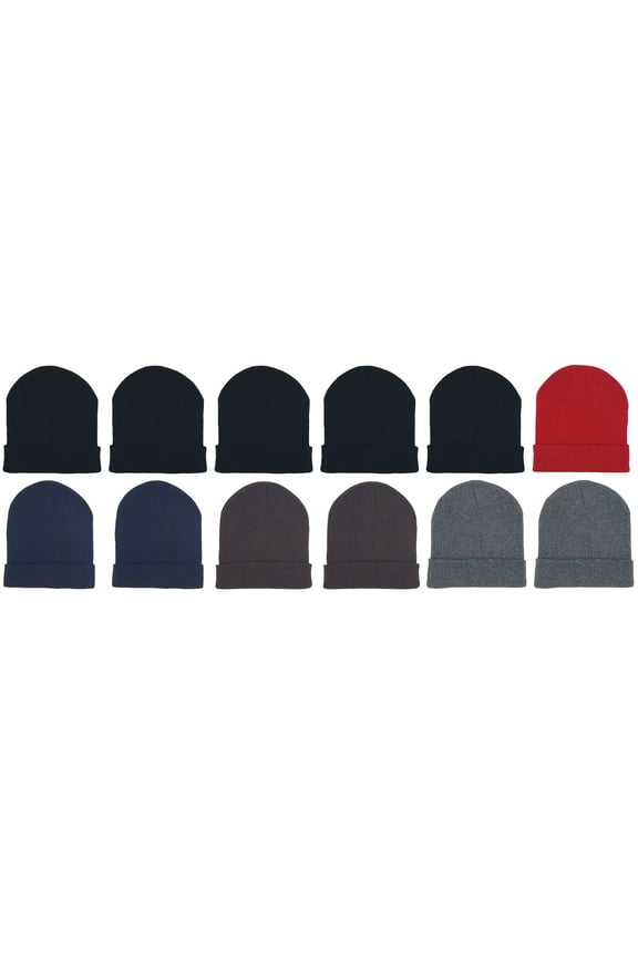 12 Pack Winter Beanie Hats for Men Women, Warm Cozy Knitted Cuffed Skull Cap, Wholesale (Assorted 1)