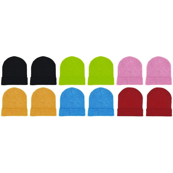 12 Pack Winter Beanie Hats for Men Women, Warm Cozy Knitted Cuffed Skull Cap, Wholesale (Assorted Neon)
