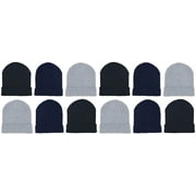 12 Pack Winter Beanie Hats for Men Women, Warm Cozy Knitted Cuffed Skull Cap, Wholesale (Black Navy Gray)