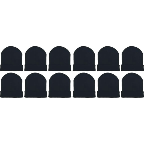 12 Pack Winter Beanie Hats for Men Women, Warm Cozy Knitted Cuffed Skull Cap, Wholesale (Black Ribbed)