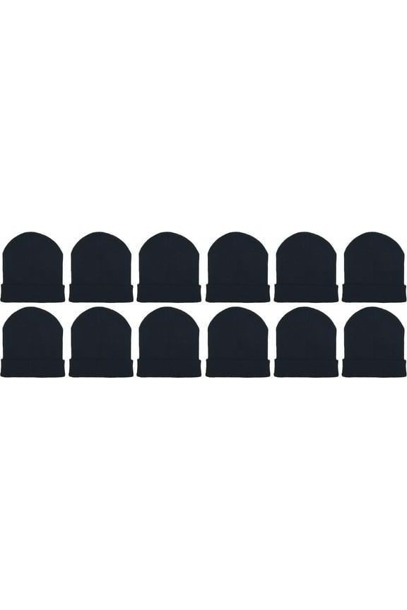 12 Pack Winter Beanie Hats for Men Women, Warm Cozy Knitted Cuffed Skull Cap, Wholesale (Black Ribbed)