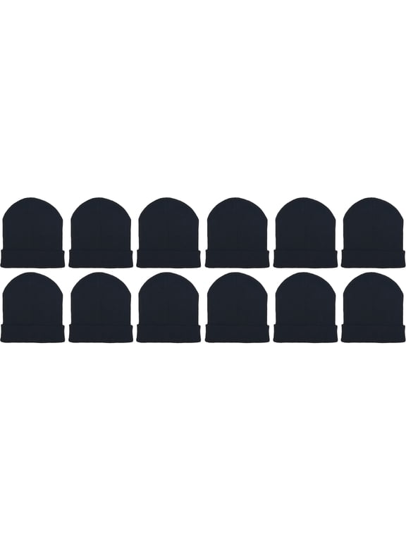 12 Pack Winter Beanie Hats for Men Women, Warm Cozy Knitted Cuffed Skull Cap, Wholesale (Black Ribbed)