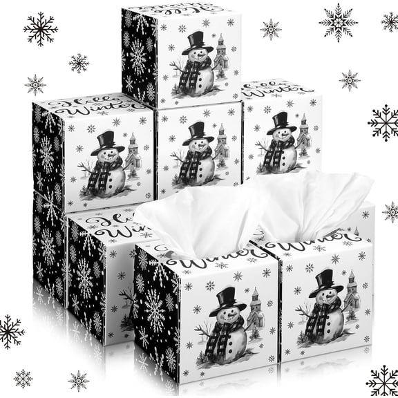 12 Pack Winter Snowman Facial Tissues Cube Boxes Winter Snowflake Square Cube Boxes 600 Sheets 3 Ply Small Tissues Cover for Home Car Accessories(Black White)