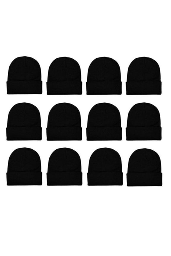 12 Pack Winter Unisex Beanie Cap Hats for Men and Women, Warm Cozy Knitted Cuffed Cap, Solid Black Color Wholesale