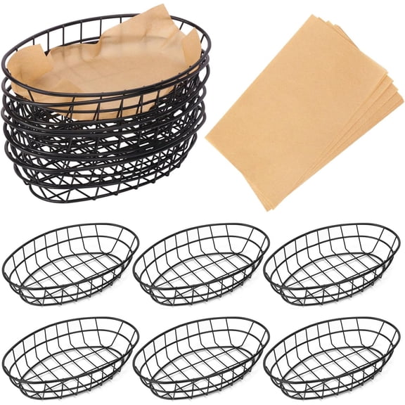 12 Pack Wire Bread Basket with 50 Sheets Deli Wrappers Paper, 9.65 x 6.1 x 2.17 Inch Metal Oval Bread Basket for Food & Fruit Serving Durable Black Wire Baskets for Home & Kitchen