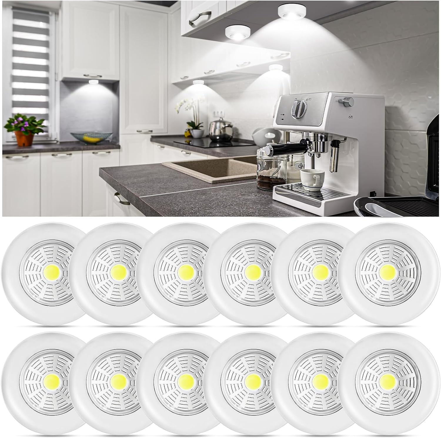 12 Pack Wireless LED Puck Lights, Under Cabinet Lighting, 60 Lumens ...