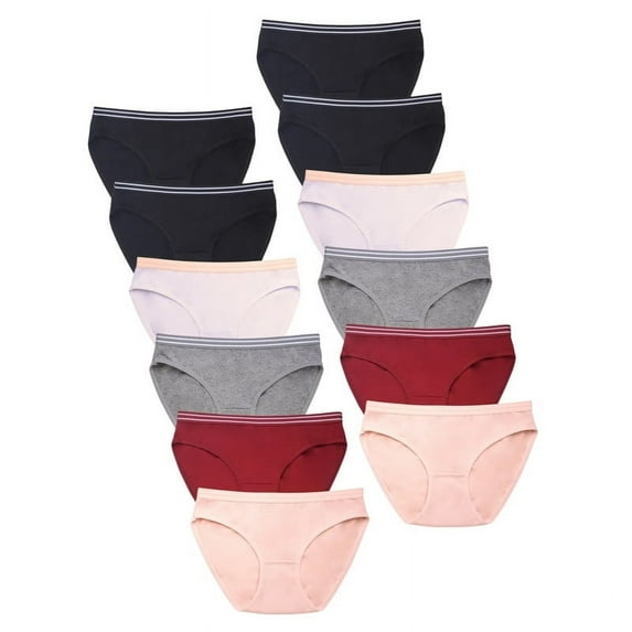 12 Pack Women’s Cotton Bikini Panty Briefs with Striped Elastic Waistband Tag-Free Seamless Underpants Tagless Solid Underwear Breathable Womenswear