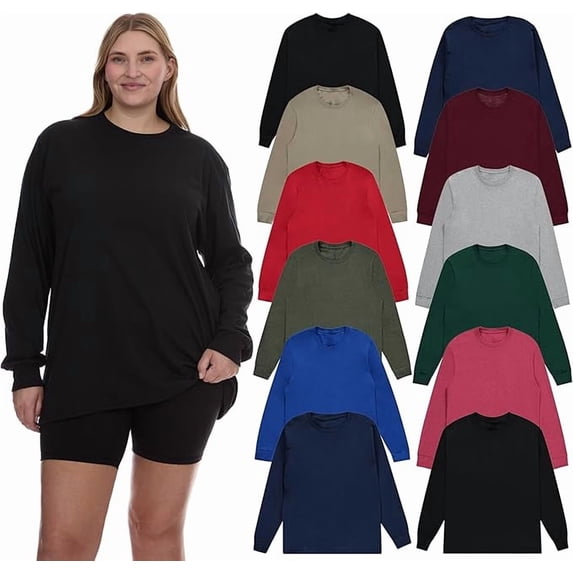 12 Pack Women's Long Sleeve Oversized T-Shirts, Cotton Casual Baggy Fit Tees Dark Colors Bulk Pack - Wear Size - L