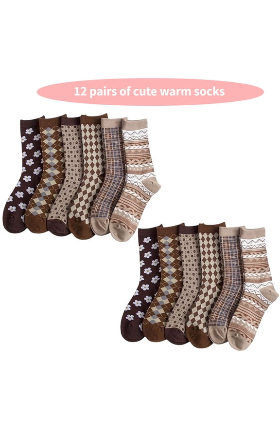 12-Pack Women's Retro Style Crew Socks, Cozy Polyester Blend for Cool Weather, Plaid Floral Argyle Patterns, Casual Fashion Socks