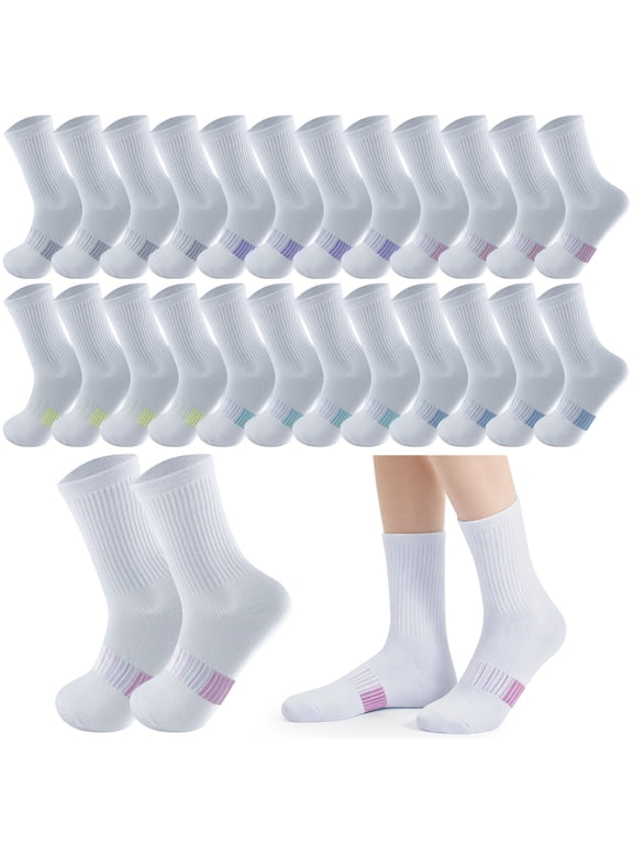 12-Pack Women's White Crew Socks, Performance Athletic Socks with 6 Multi-Color Arch Support Bands