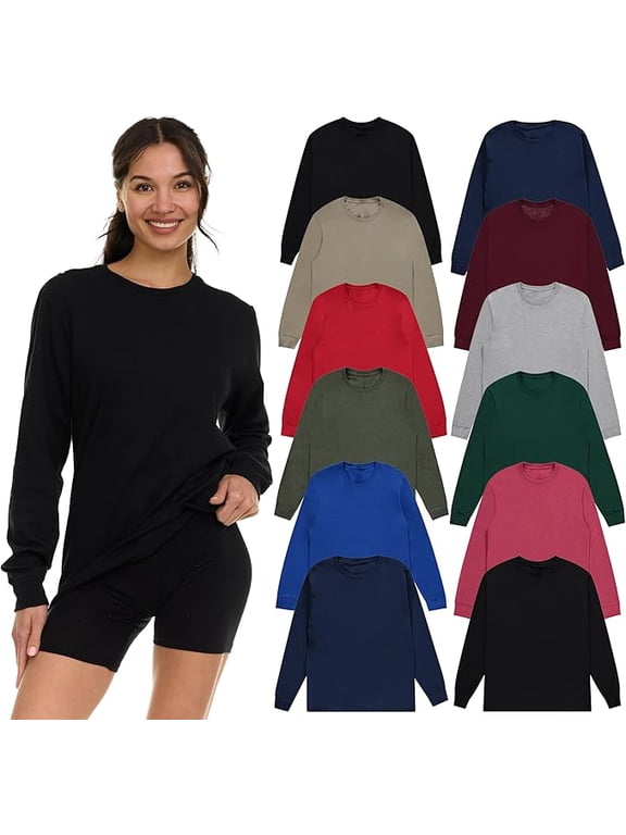 12 Pack Womens Oversized Long Sleeve Cotton Casual Baggy Fit T-Shirts Bulk Wholesale Sleeved Tees Tops Dark Color M