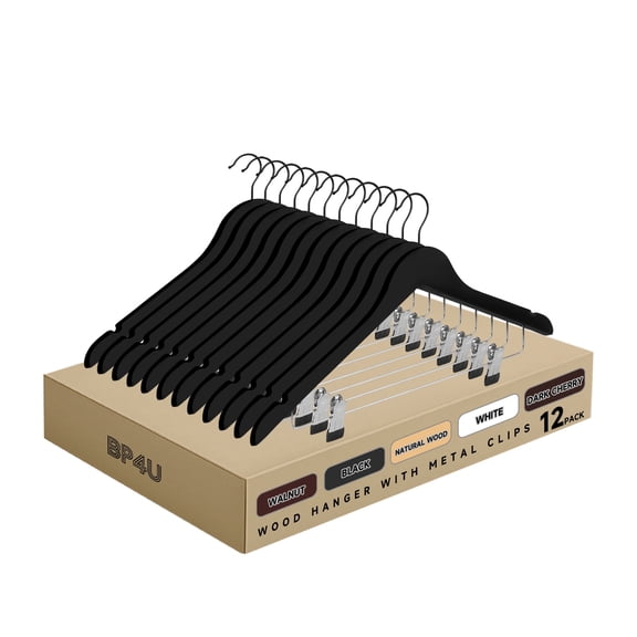 BP4U 12-Pack Wooden Hangers with Adjustable Metal Clips, Solid Wood Suit Hangers for Skirt, Dress, Coats, Jacket and Pants