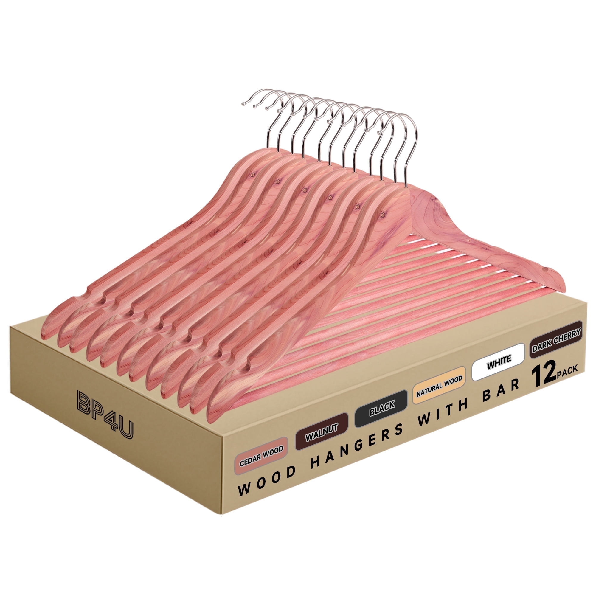 BP4U 12-Pack Premium Wooden Clothes Hangers with Clips, Cedar Wood Skirt/Pant Hangers with Adjustable Clips for Suits, Dresses, Coats, Jackets, Trousers