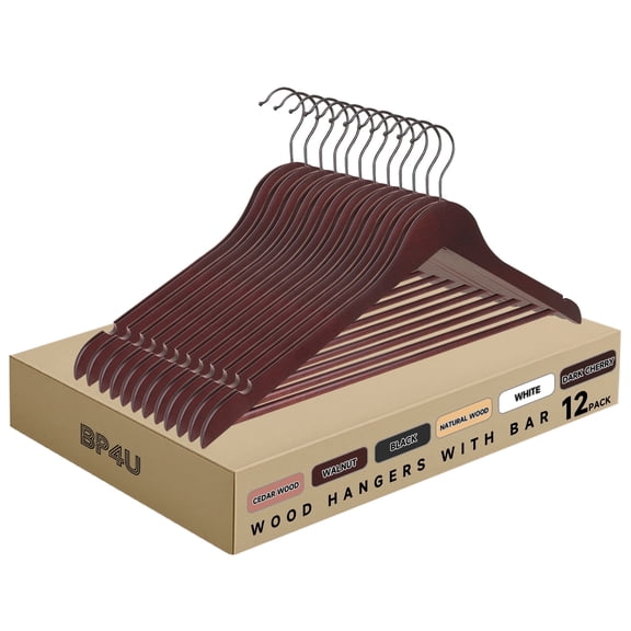 BP4U 12-Pack Premium Wooden Clothes Hangers with Clips, Solid Wood Skirt/Pant Hangers with Adjustable Clips for Suits, Dresses, Coats, Jackets, Trousers(Dark Cherry)